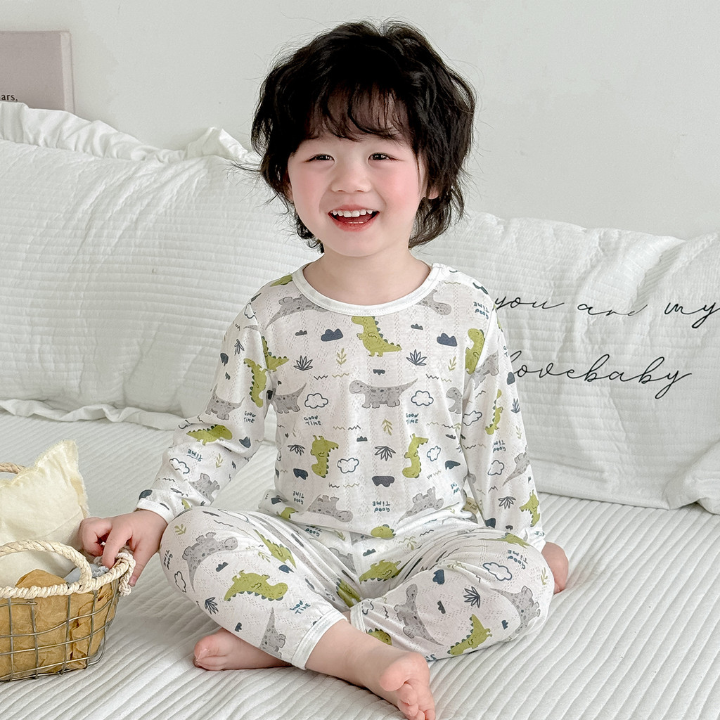 Primavera meninos pijamas fino respirável de manga comprida terno verão bebê ar condicionado roupas crianças dinossauro 