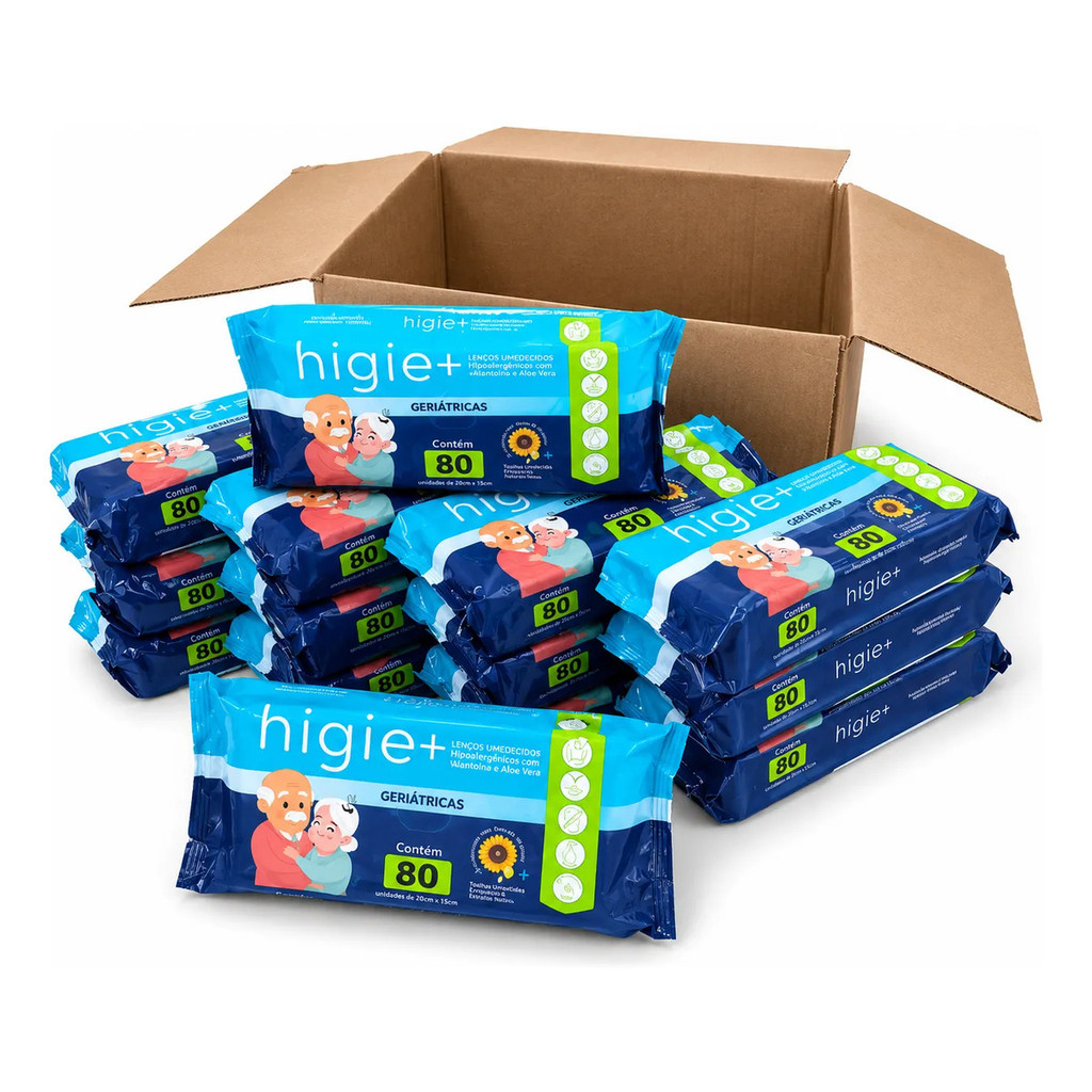 Caixa 14 Pacotes Lenços Umedecidos Geriátricos Higie+ 80 Folhas 20x23cm Toalhas Umedecidas Geriátricas Óleo de Girassol