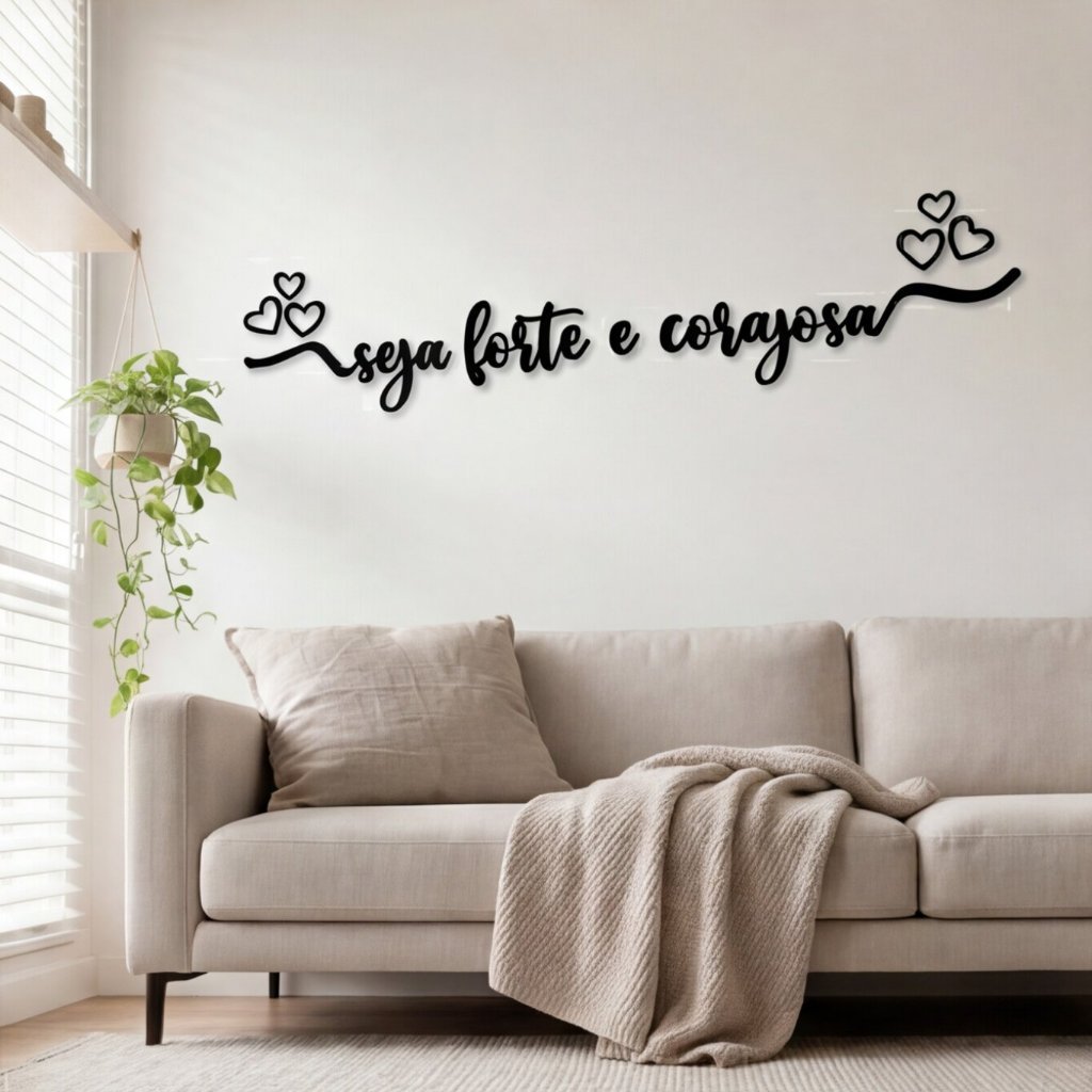 Frase Seja Forte e Corajosa PEQUENO 43x10cm Quadro Decorativo Parede MDF Preto Deus Fé Cabeceira