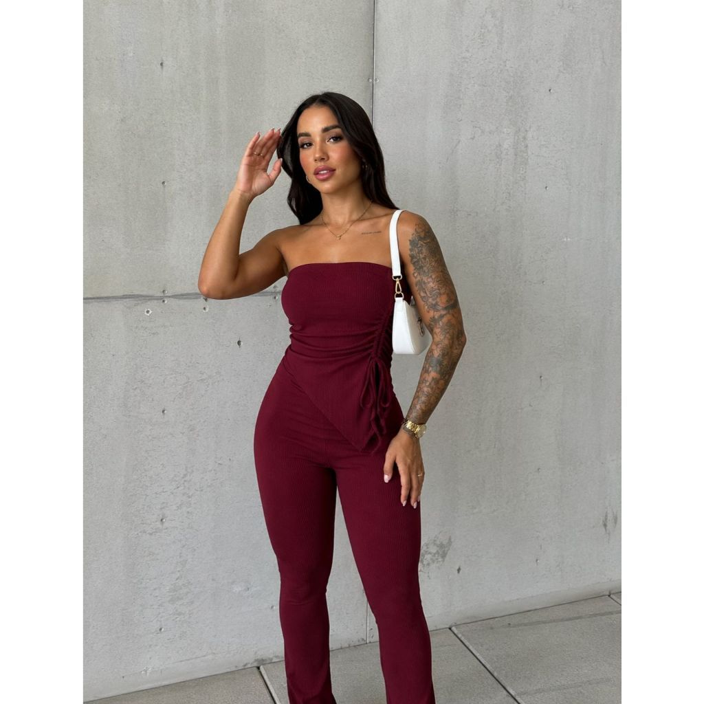 Conjunto Feminino Cropped Tomara que Caia Ajustável e Calça Cintura Alta Pantalona Canelado Moda Blogueira Elegante