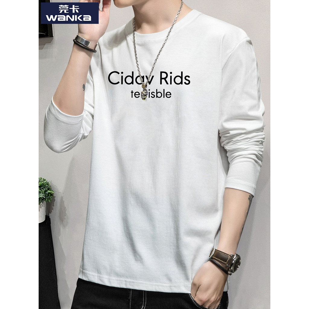Puro algodão de manga comprida camiseta masculina carta impressa outono jaqueta solta Casual em torno do pescoço estudan