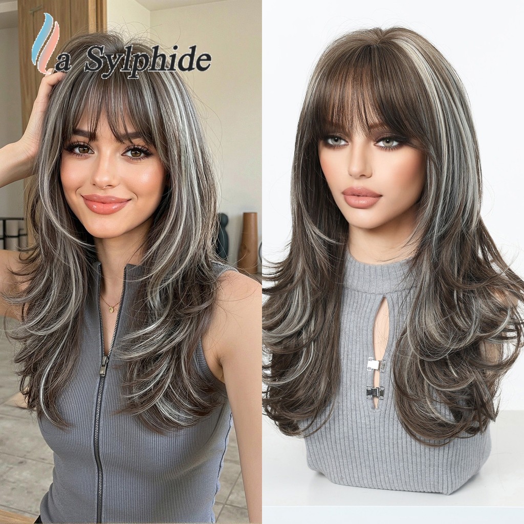 Peruca feminina marrom prata cinza destaque longo cabelo encaracolado franja de ar em camadas perucas de onda grande