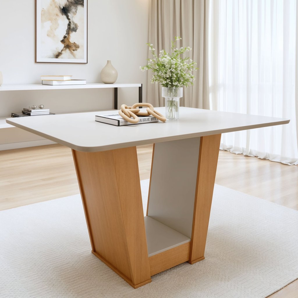 Mesa de Jantar 4 Lugares Tampo MDF Apogeu Marrom Amêndoa Clean/Off White Amêndoa Clean/Off White