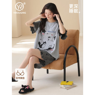 Yi Tenderness [Tipo legal] Pijama com almofada no peito feminino verão puro algodão Shorts de manga curta desenho animad