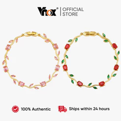 Pulseira Vnox Banhada A Ouro Cobre Vermelho CZ Rosa Para Mulheres – Joias Românticas De Videira E Flores Presente De Uso