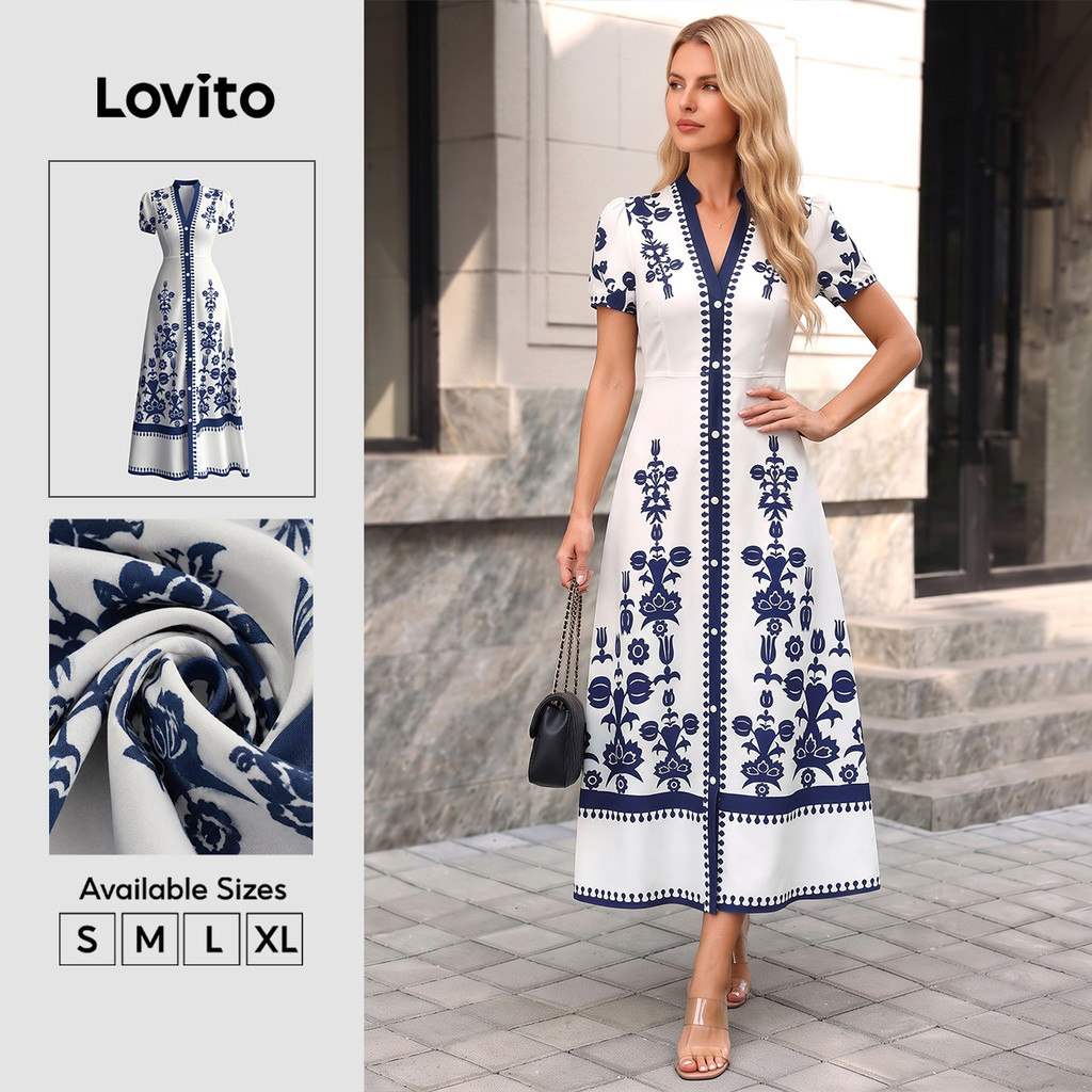 Lovito Elegante Padrão de Vestido Estilo Resort Primavera/verão Vestido Azul e B