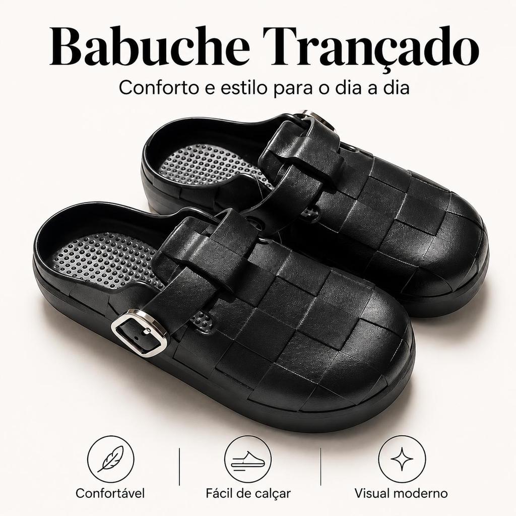 Chinelo Clog Babuche Feminino Preto Trançado, Fivela Ajustável, Palmilha Texturizada, ideal para casa e uso diário