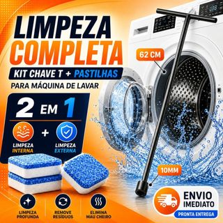 Kit Limpeza Máquina de Lavar 2 em 1 Chave T 62cm 10mm Pastilhas Efervescentes Remove Sujeira mau cheiro Universal