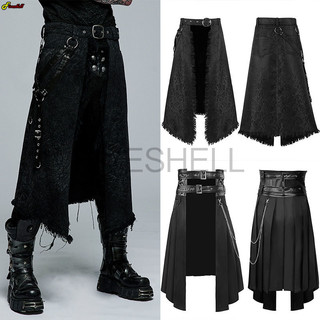 Cosplay Punk Saia Plissada Cinto De Couro Gótico Masculino Medieval Guerreiro Romano Kilt Metal Chian Assimetria Preto T