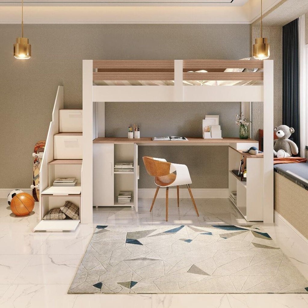 Cama Alta Beliche Infantil/Juvenil Star Plus Office Multifuncional Casatema MadeiraOriginals Branco/Montana