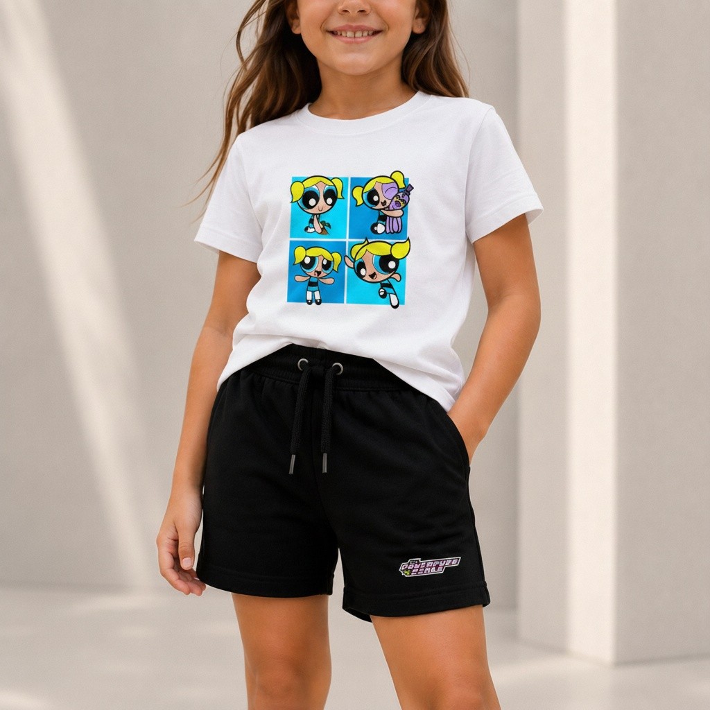 Kit Camiseta Infantil Meninas Super Poderosas Lindinha Poses Menina e Bermuda Moletinho