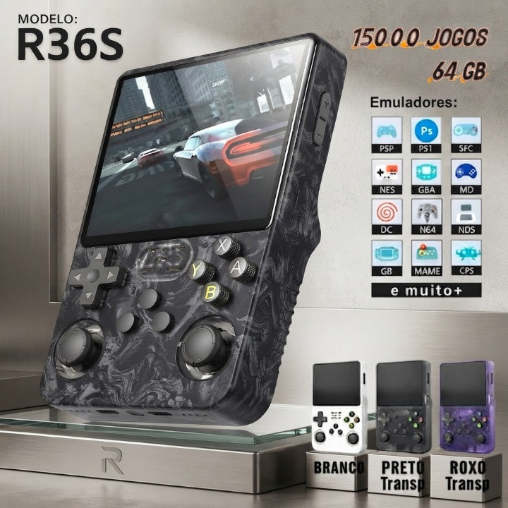 Videogame Portátil R36S 64GB Mais de 15.000 Jogos Tela IPS 3,5 Linux MISULI