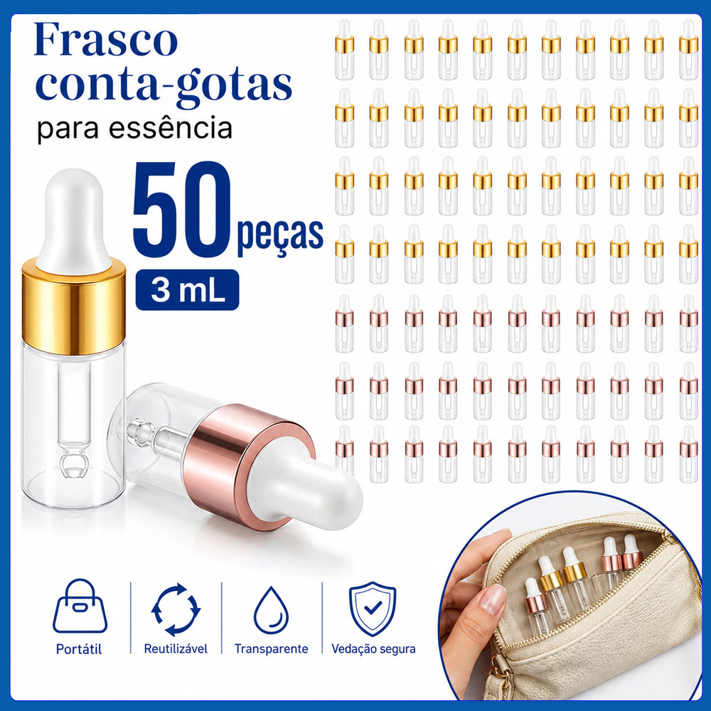 Tubos Conta-Gotas de Vidro 3mL 50 Peças para Perfumaria, Maquiagem, Essências, Amostras e Uso Profissional