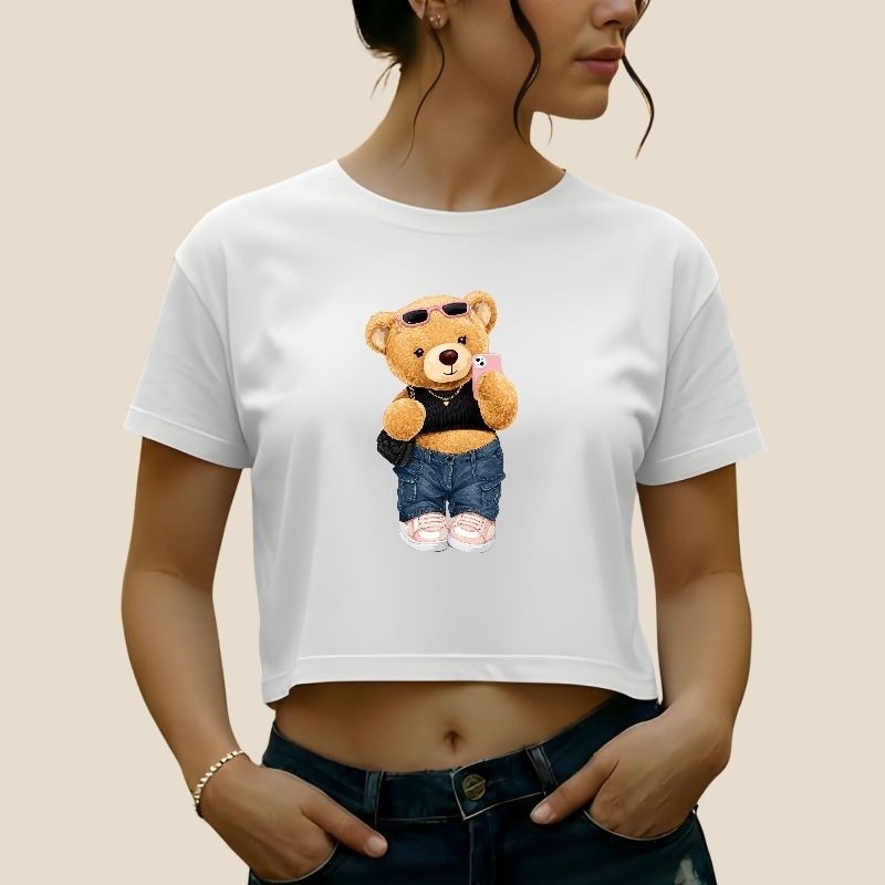 Cropped Feminino Algodão Premium Estampa Ursinha Blusinha Casual Moderna Confortável Moda Feminina Tendência Verão