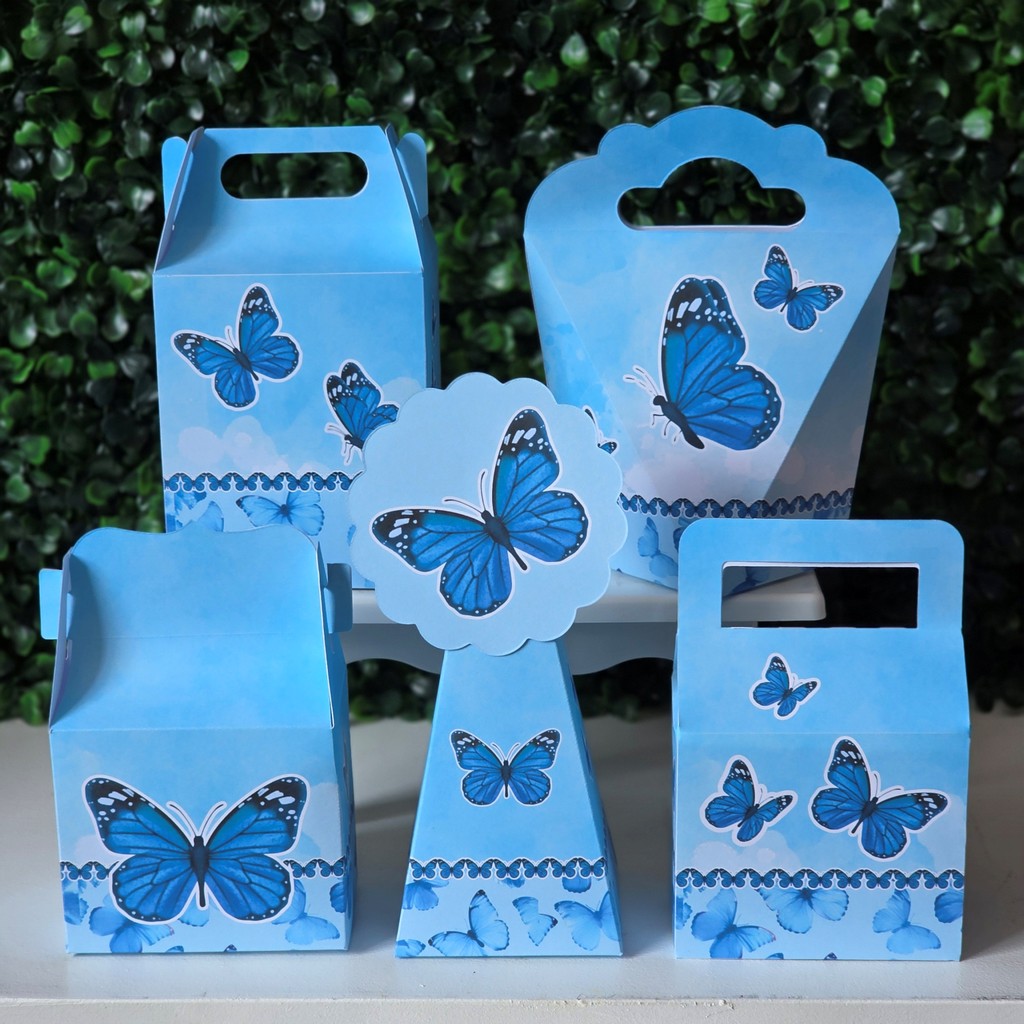 Kit Caixinhas BORBOLETA AZUL JARDIM para festa infantis lembrancinhas aniversario mimos decoração personalizados do tema