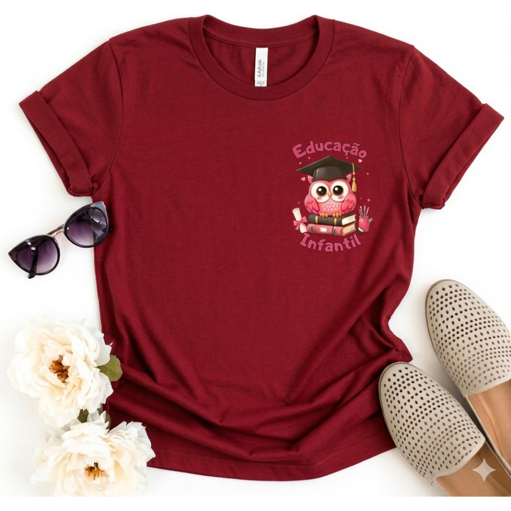 Camiseta Feminina Estampa Professora Coruja T-shirts Algodão Premium Profissão Educação Infantil Pedagogia Confortável