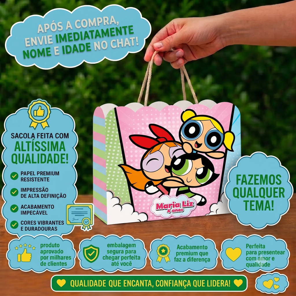 Sacolinhas Surpresa Personalizadas Meninas Superpoderosas Lembrancinha Aniversário Com Nome e Idade Festa Infantil