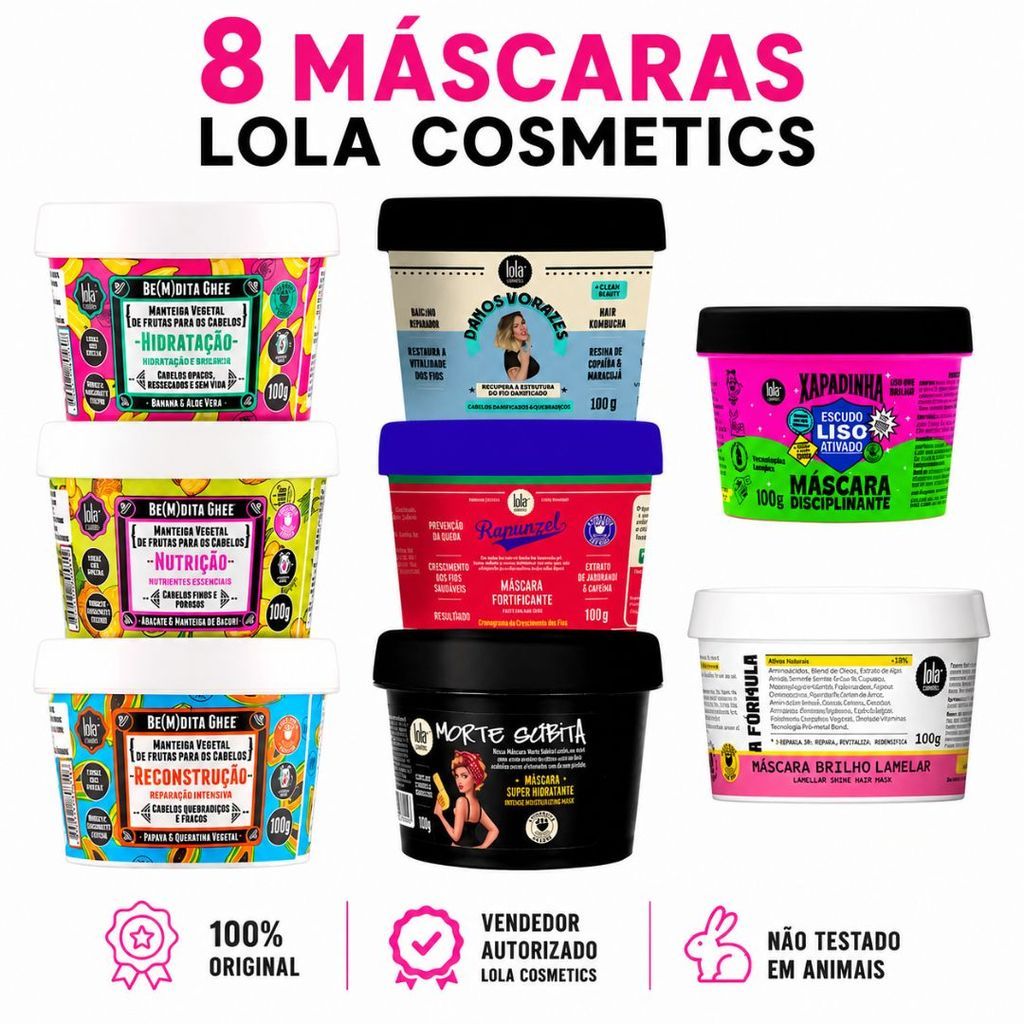 Kit 8 Máscaras Lola Cosmetics 100g | Be(M)dita Ghee + Xapadinha + Rapunzel + Danos Vorazes + Morte Súbita + A Fórmula
