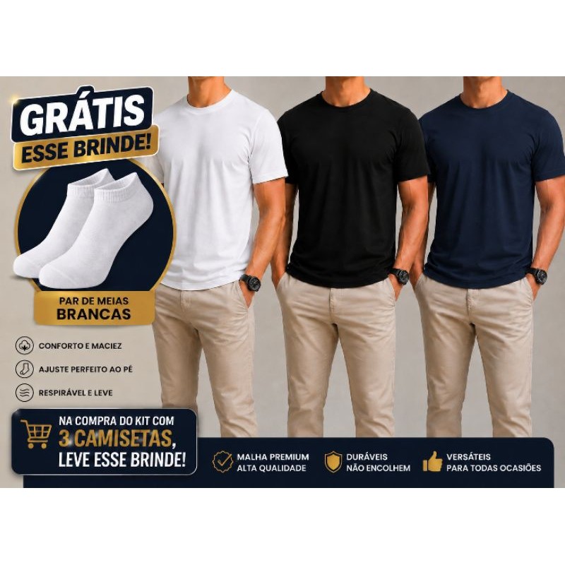 Kit com 3 camisetas camisa masculina algodão premium 100% em diversas cores, macias, leves e respiráveis.