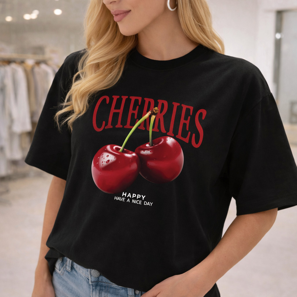 Camiseta Camisa blusa T-shirt Cereja Feminina 100% Algodão Moda Feminina Estilosa Confortavel Trendy
