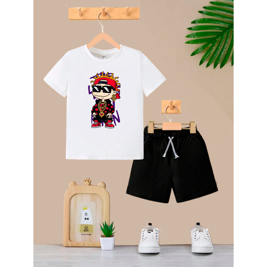 Conjunto MENINO DESENHO estiloso Menino Camiseta e Bermuda Roupa Criança Masculino Verão