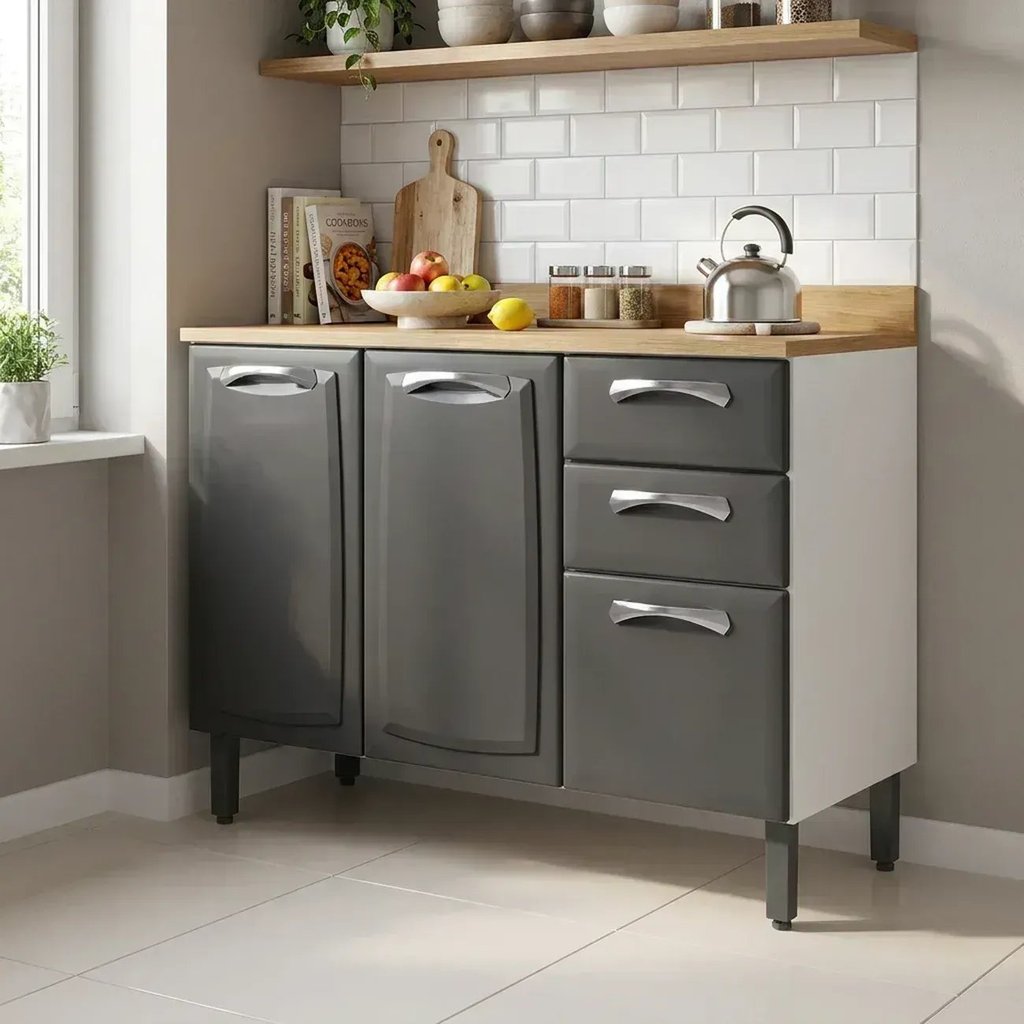 Balcão de Cozinha em Aço 3 Portas 2 Gavetas 120cm sem Tampo New Premium Itatiaia Cinza Grafite/Branco Grafite/Branco