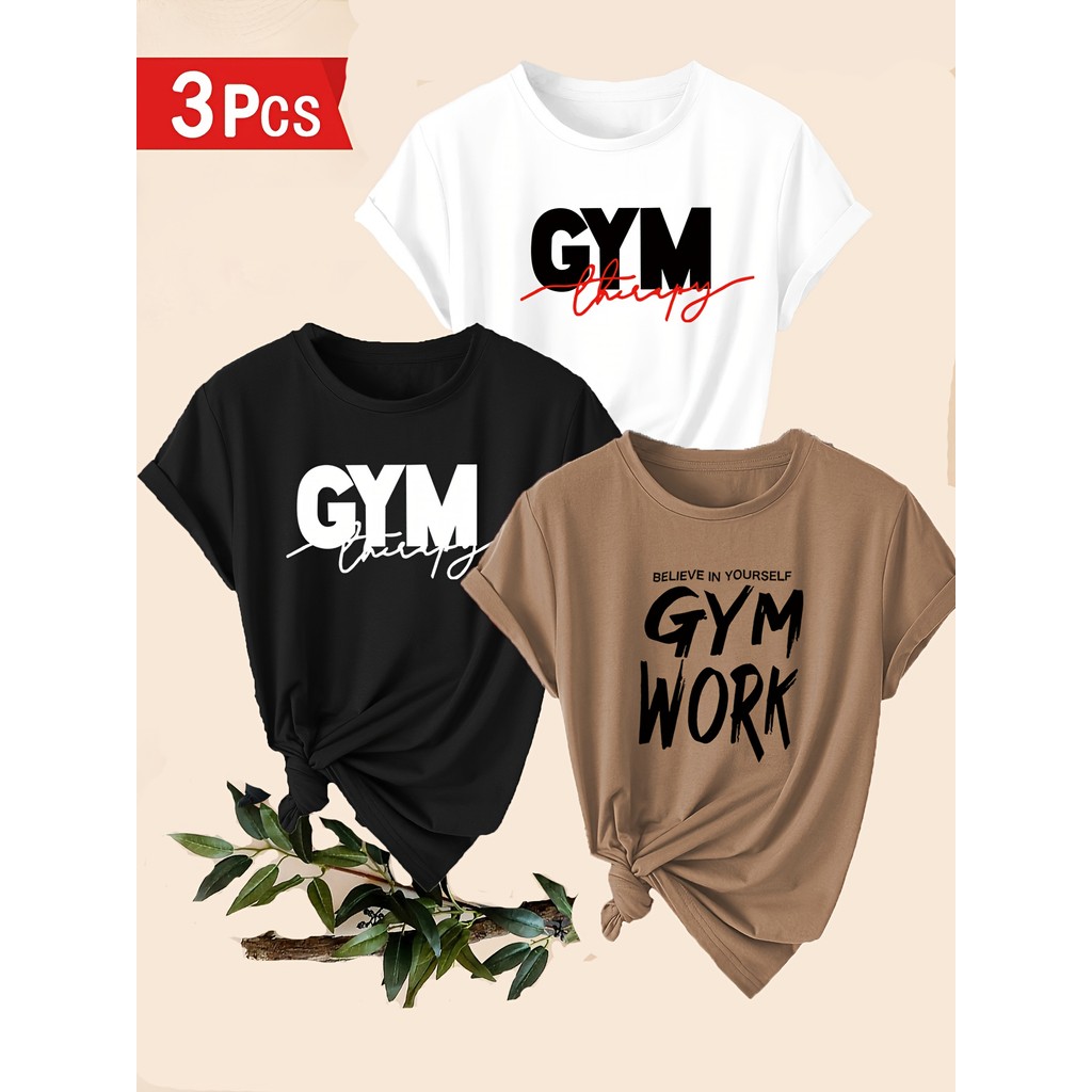 Conjunto de Três Camisetas Casuais Femininas, com Estampa GYM, Estiloso e Versátil, Feito de Tecido Confortável