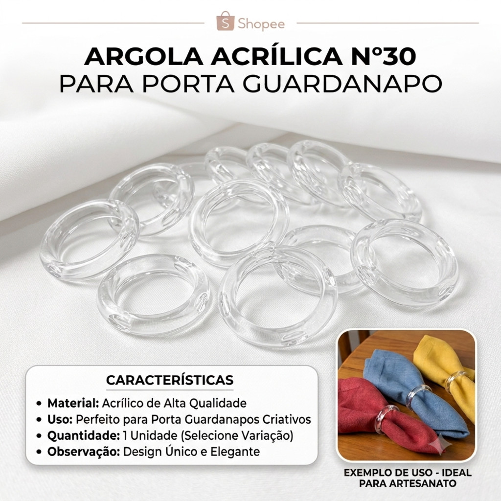 Argola Acrílica Para Porta Guardanapos -30mm - Kit Com 50 Unidades -Promoçao