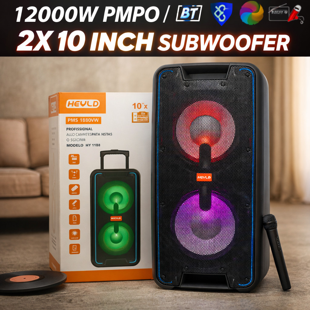 Caixa de Som Bluetooth Potente 12000W com LED TWS Rádio FM USB SD 2x10" Microfones Sem Fio