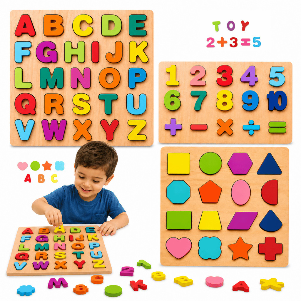Kit 3 Tabuleiro Educativos Alfabeto Números e Formas Geométricas Brinquedo Montessori Madeira