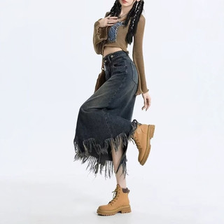 Popular na moda ins moda em forma de A japonês cor sólida feminino All-Match novo estilo saia longa preguiçoso Denim sai
