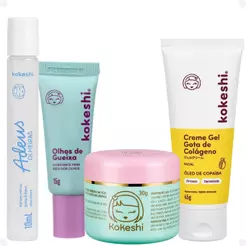 Kit Kokeshi: Adeus Olheiras 10ml, Creme Hidratante, Creme Gel Gotas de Colágeno e Creme Facial Pele de Porcelana