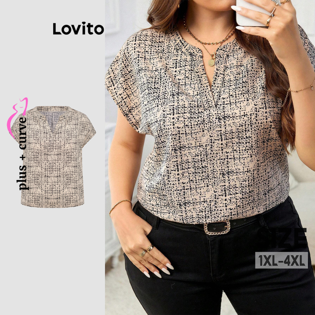 Lovito Casual Blusa Curva Plus Size Blusa Com Estampa Geométrica Para Mulheres LBL20211
