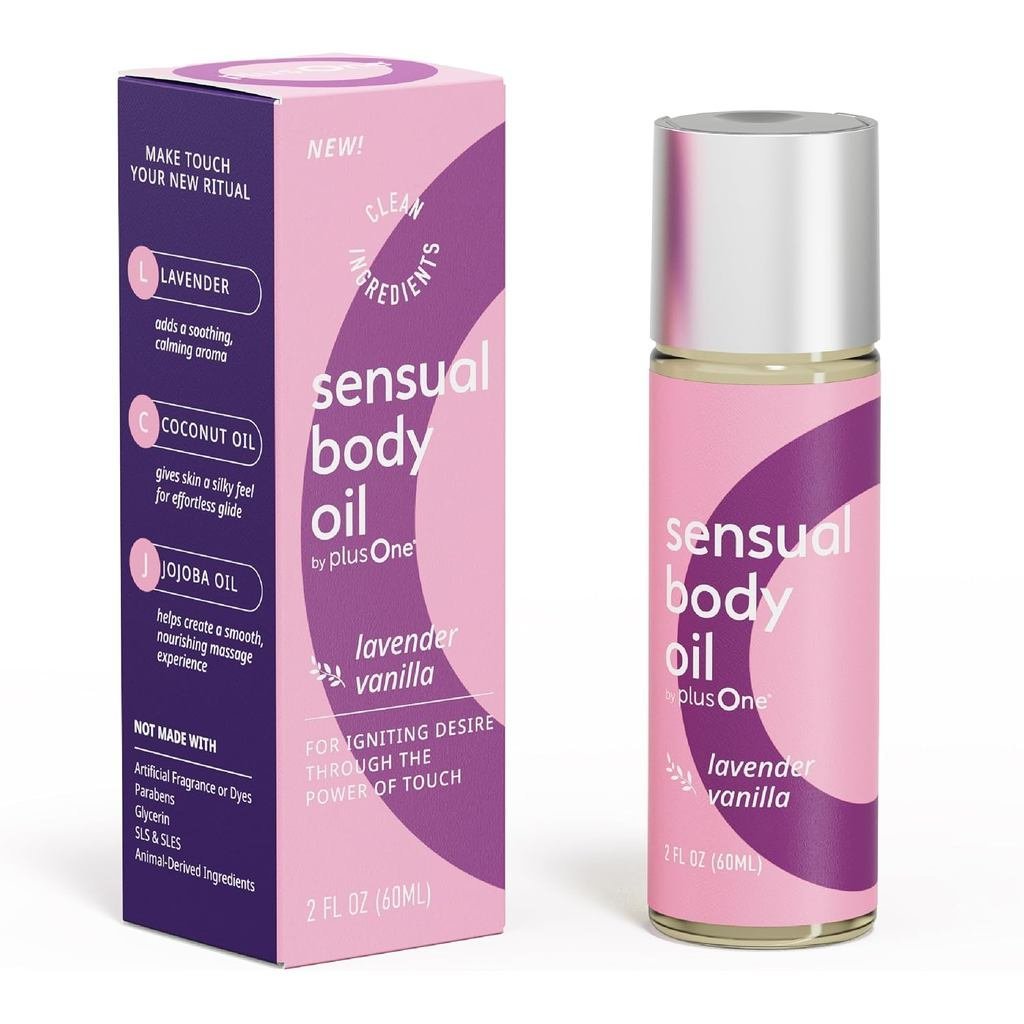 plusOneSensualBody–Massagem e Intimidade de Lavanda e Baunilha, 2fl oz | Mistura à base de plantas com coco, jojoba e am