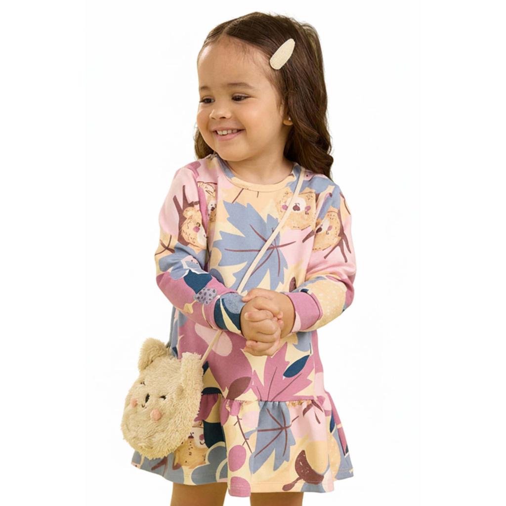 Vestido Infantil Menina Floral Com Bolsa Elian Bege