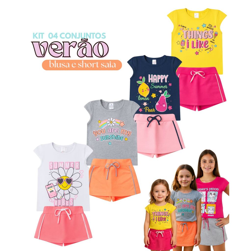Kit 4 Conjuntos Verão Infantil Juvenil Feminino Blusinha Neon e Shorts Saia em Moletinho Roupa Menina Tamanhos 10 ao 16