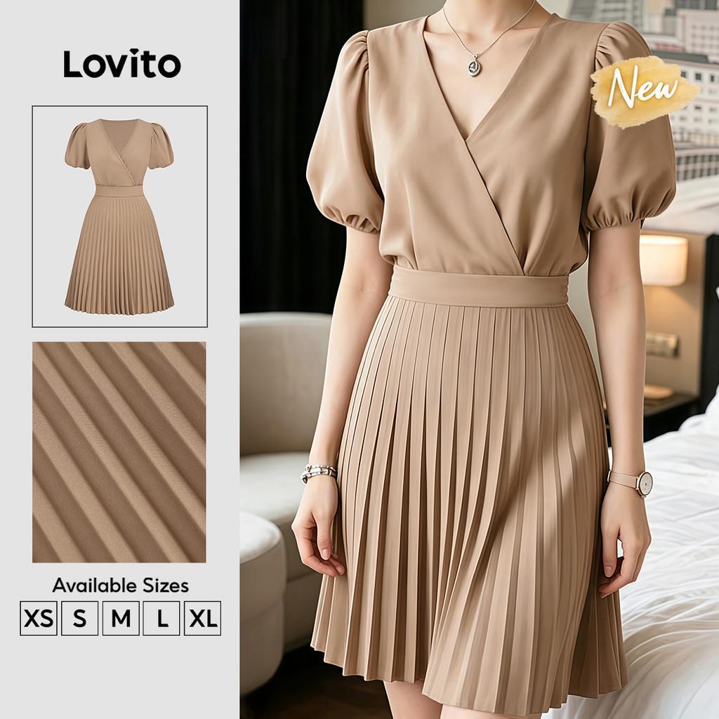 (New Arrival) Lovito Vestido Casual Plissado Marrom para Mulheres primavera/verão DRB201P1D180