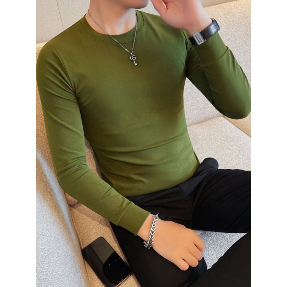 Camiseta masculina de manga comprida com gola redonda, primavera outono 2026, novo estilo, moderno, Slim Fit, Stretch, j