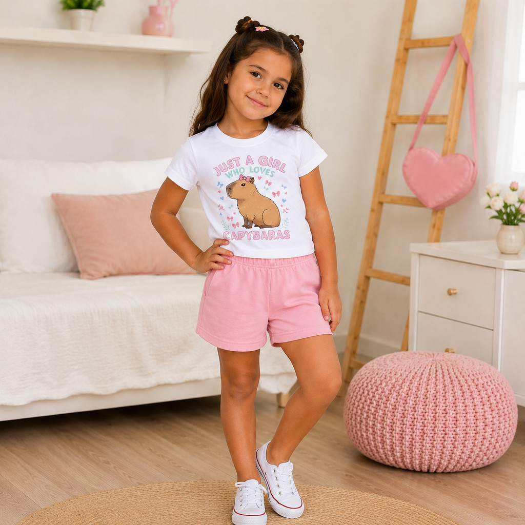 Conjunto Infantil Menina Camiseta Branca + Shorts Rosa Bebê Capivara Fofo Verão Moda Infantil