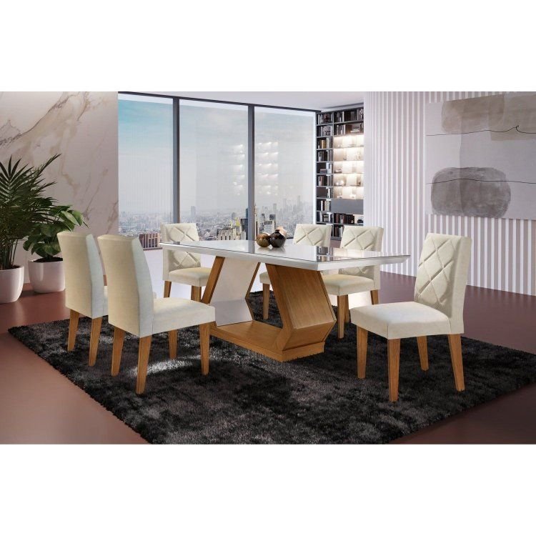 Conj Sala de Jantar Mesa Islândia 180 Tampo Vidro/MDF Cr c/ 6 Cad Irlanda Marrom/Offwhite/Imbuia Off White/Imbuia