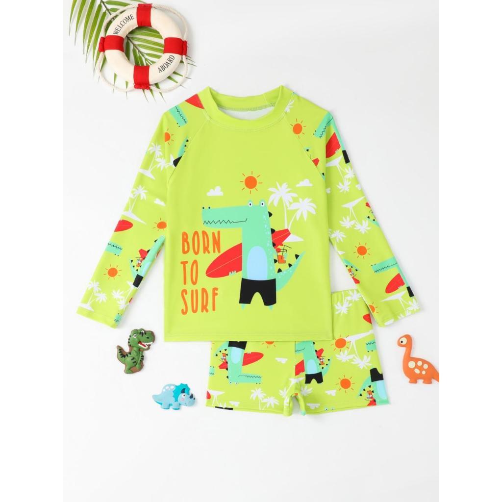 Conjunto Dinossauro Infantil Proteção Uv50 Menino Camisa Longa Sunga Praia Piscina Natação