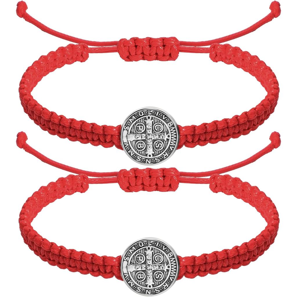 Fumete 2 Peças Pulseira Católica com Medalha de São Bento, Pulseira de Corda Ajustável, Presente Religioso para Homens e