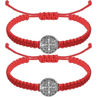 Fumete 2 Peças Pulseira Católica com Medalha de São Bento, Pulseira de Corda Ajustável, Presente Religioso para Homens e