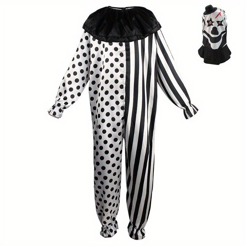 Novo Fantasia de Palhaço Preto e Branco para Halloween, Carnaval e Baile de Máscaras, Traje de Palhaço para Apresentaçõe