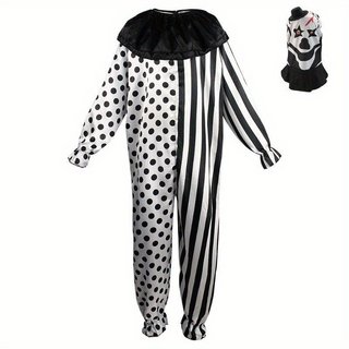 Novo Fantasia de Palhaço Preto e Branco para Halloween, Carnaval e Baile de Máscaras, Traje de Palhaço para Apresentaçõe