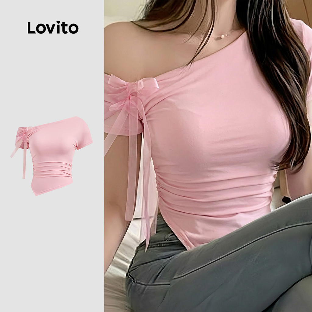Lovito Rosa Camiseta Fofa Lisa Assimétrica Com Gravata Frontal Para Mulheres L122AD121
