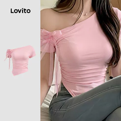 Lovito Rosa Camiseta Fofa Lisa Assimétrica Com Gravata Frontal Para Mulheres L122AD121