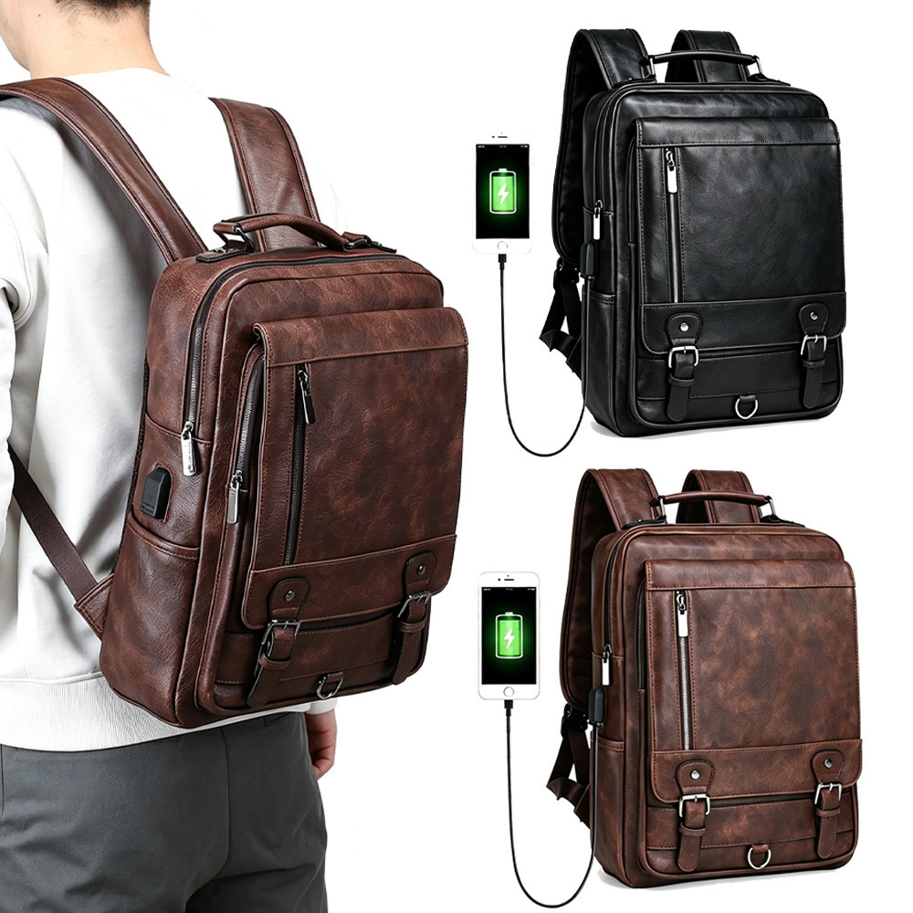 Mochila Masculina Couro Legítimo Executiva Com USB Para Notebook 15.6" Viagem Trabalho