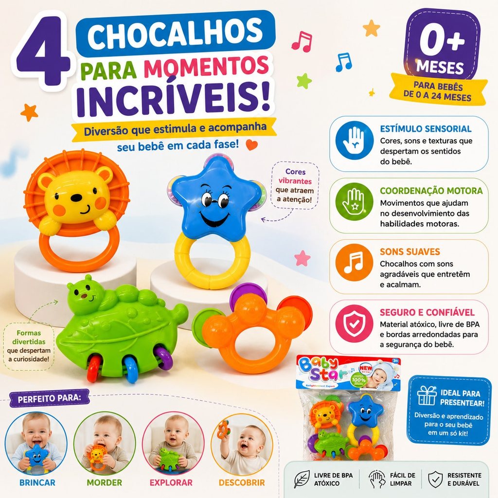 Kit 4 Chocalhos Mordedor para Bebê Sensorial Colorido Infantil