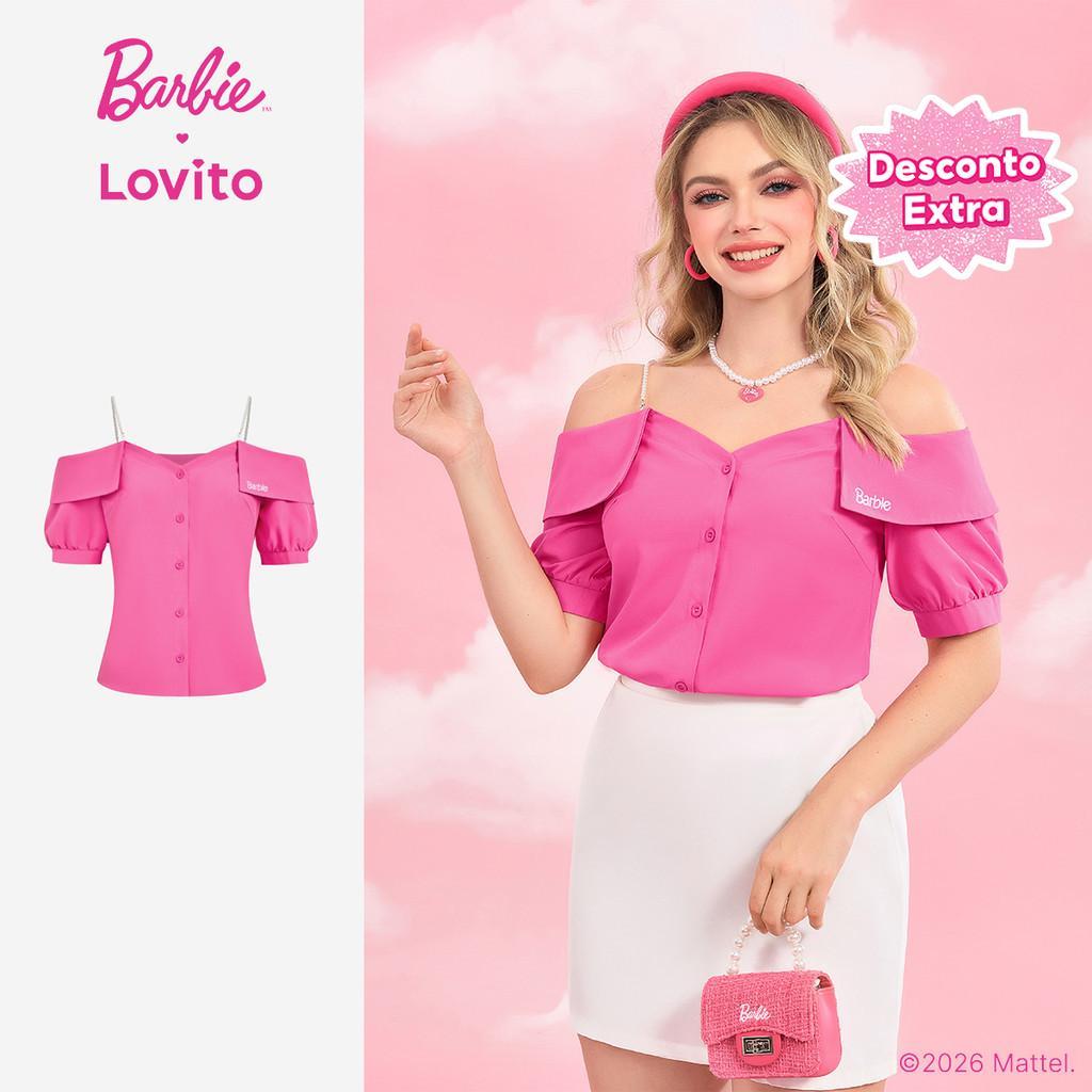 Barbie™ X Lovito Casual Blusa Fofa Bordado Primavera/verão Rosa Vermelha Mulher